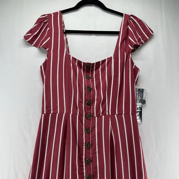 Trixx Dress Size XL A-Line Midi Striped Faux Button Front String Back Rayon Red - Picture 3 of 11